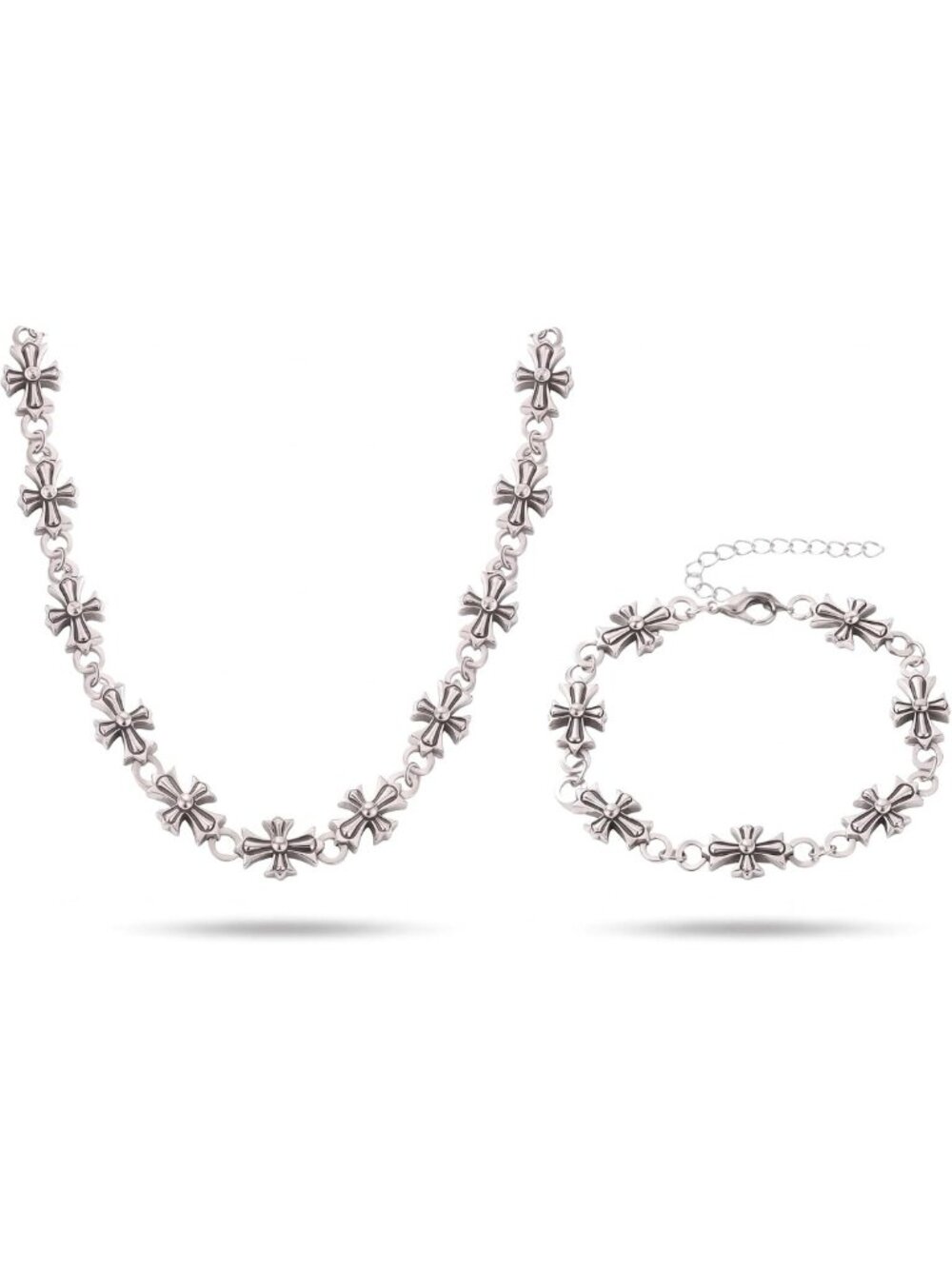 Gothic Cross Necklace & Bracelet Set | 18K Gold Plated Choker & Link Bracelet